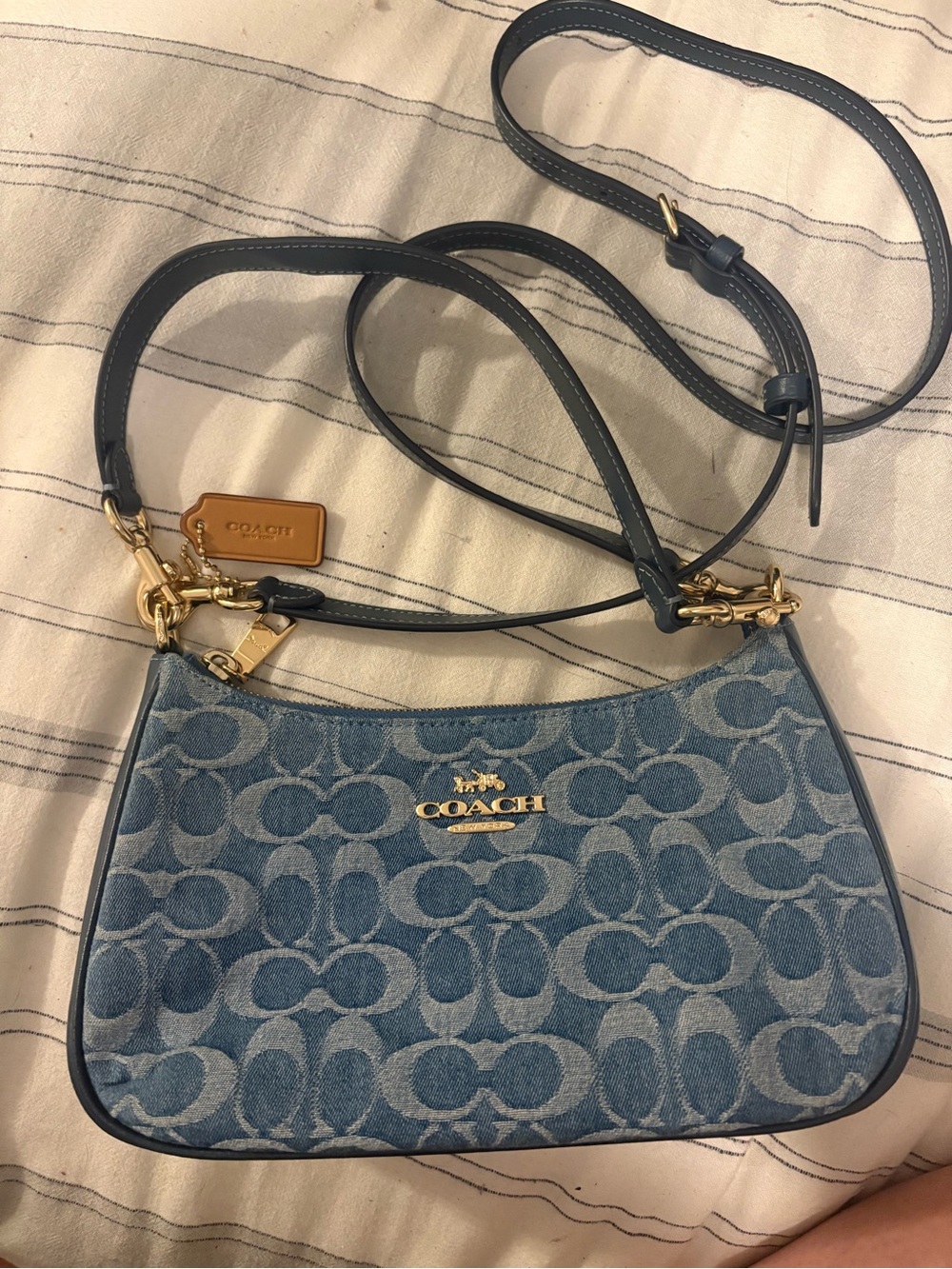 Coach Denim Signature Canvas Shoulder Bag - Denim Blue with Gold Hardware